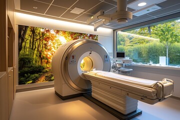 Poster - This photograph captures a room that houses a prominent machine, showcasing its size and presence within the space, A high-tech MRI scanner in a clinical setting, AI Generated
