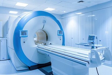 Poster - A photo of a large machine in a room, featuring white and blue colors, A high-tech MRI scanner in a clinical setting, AI Generated