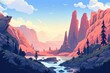 A vivid painting depicting a scenic mountain landscape with a river flowing through the picturesque scene, A landscape featuring landmarks that symbolize popular podcast themes, AI Generated