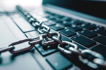 Poster - A detailed view of a laptop computer with a chain securely attached to it, A laptop with a chain and a lock symbolizing device security, AI Generated