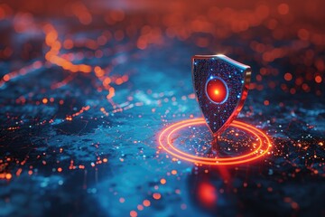 Poster - A photograph of a red and black object resting on a smooth blue surface, A map pin protected by a digital shield, representing secure location data, AI Generated