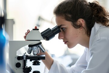 Poster - A woman in a laboratory setting is peering through a microscope, studying a specimen up close, A medical student looking through a microscope, AI Generated