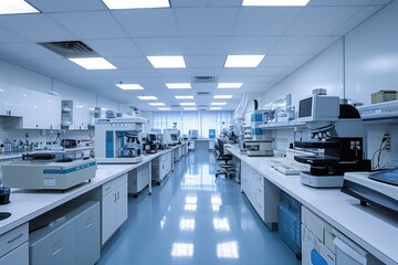 Poster - This photo captures a spacious laboratory teeming with an extensive array of scientific apparatus and tools, A medical laboratory filled with machines, AI Generated