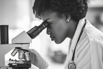 Poster - A woman wearing a white lab coat is focused while looking through a microscope in a black and white photograph, A medical student looking through a microscope, AI Generated
