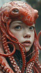 Canvas Print - A young girl wearing an octopus head and holding a red octopus. Generative AI.