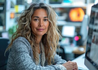 Canvas Print - A woman with long curly hair sitting at a desk. Generative AI.