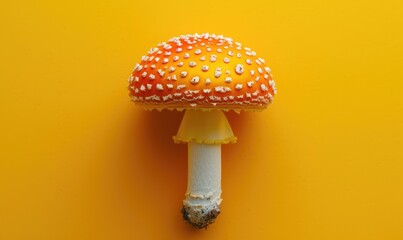 Canvas Print - A red and white mushroom on a yellow background. Generative AI.