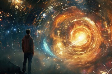 Wall Mural - A man stands in front of a captivating spiral of stars in a mesmerizing night sky, A parallel universe where technology has evolved beyond human comprehension, AI Generated