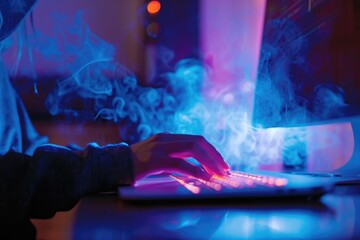 Poster - A person focused on typing on a computer keyboard, engaged in productive work, A person using a computer protected by an invisible force field, AI Generated