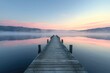 A Dock Surrounded by Water, A picturesque scene of a wooden pier extending into a calm lake at sunrise, AI Generated
