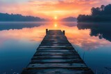 Fototapeta  - A wooden dock is seen floating on the calm water, creating a platform for boats to rest, A picturesque scene of a wooden pier extending into a calm lake at sunrise, AI Generated