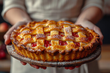 Sticker - A close-up of hands holding a homemade pie, emphasizing the collaborative effort and joy of creating together. Concept of culinary teamwork. Generative Ai.