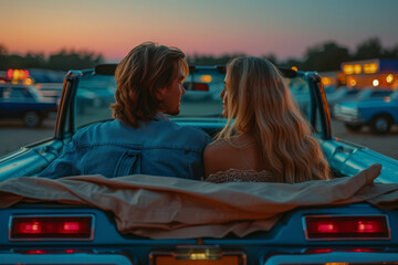 Wall Mural - A couple enjoying a date night at a drive-in movie theater, capturing the vintage romance of watching films under the stars. Concept of retro date nights. Generative Ai.