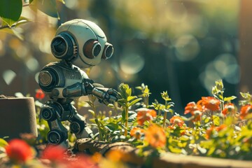 Poster - A robot stands in a garden filled with vibrant flowers, A robot gardener tending to an array of plants, AI Generated