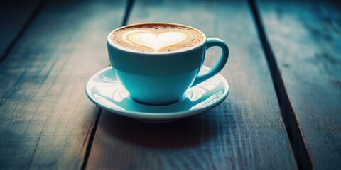 Poster - Coffee with heart shape on saucer on wooden table. Generative AI.