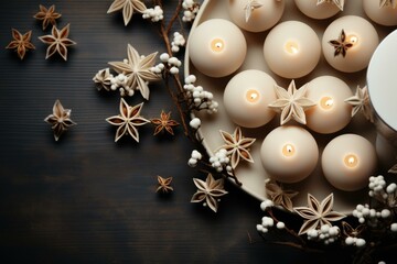 Canvas Print - Candles and stars on a black background. Generative AI.