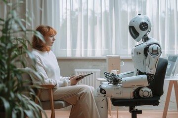 Poster - A woman sits in a chair next to a robot, engaging in an interaction with the machine, A robot psychologist counseling a human patient, AI Generated