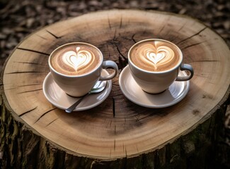 Canvas Print - Two cups of coffee with heart-shaped latte art on a stump. Generative AI.