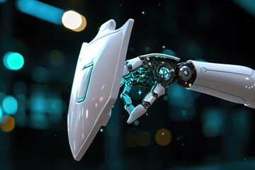 Poster - A robotic hand firmly grasps a white object, suspending it in mid-air, A robotic hand holding a shield, representing AI in cybersecurity, AI Generated