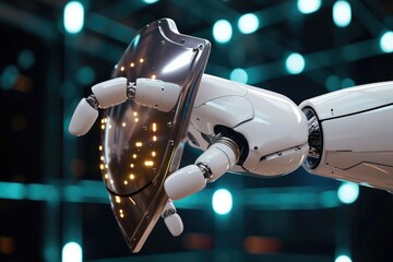 Poster - A white robot holds a significant object in its hands, showcasing its strength and capabilities, A robotic hand holding a shield, representing AI in cybersecurity, AI Generated