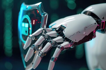 Poster - A robotic hand is seen holding a clock in the background, showcasing the fusion of technology and timekeeping, A robotic hand holding a shield, representing AI in cybersecurity, AI Generated