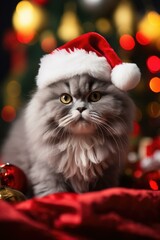 Poster - A gray cat wearing a santa hat sits on a red background. Generative AI.