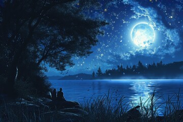  A painting depicting two individuals seated on the edge of a lake during nighttime, observing their surroundings, A romantic summer night scene under a moonlit starry sky, AI Generated