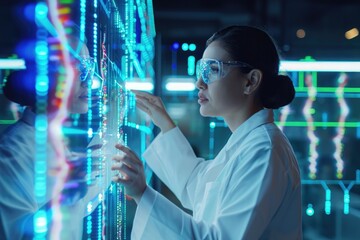Poster - A professional woman wearing a lab coat carefully examines a detailed display of data in a laboratory, A scientist interacting with holographic data on human genetics, AI Generated