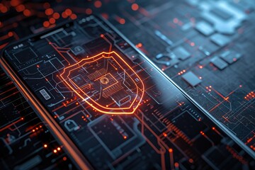 Poster - A photo of a circuit board with a luminous shield illuminating its surface, A smartphone with a shield, protecting personal data, AI Generated
