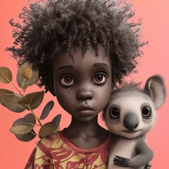 Sticker - A young girl holding a koala bear. Generative AI.