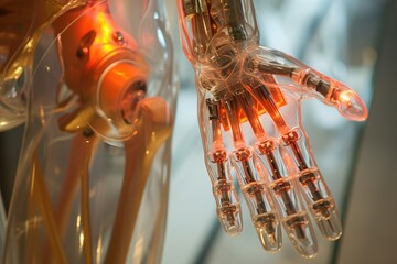 Poster - A detailed shot capturing a robot hand firmly gripping a light bulb, A transparent and illuminated human body showing an advanced prosthesis, AI Generated