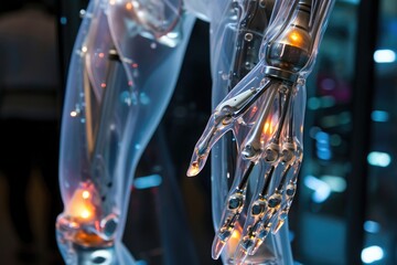 Poster - A robotic hand firmly grips a light bulb emitting a glowing light, A transparent and illuminated human body showing an advanced prosthesis, AI Generated