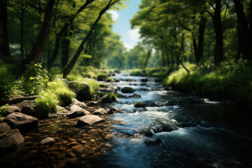 Poster - A crystal-clear stream winds its way through a lush forest, revealing the purity of water as it flows over smooth stones and glassy surfaces. Concept of pristine natural waterways. Generative Ai.