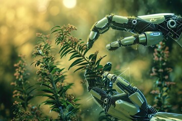 Poster - A robot stands in the grass, showcasing its metallic design surrounded by greenery, A visual metaphor for ethical dilemmas in biotechnology, AI Generated