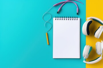 Notepad, Headphones, and Pen on Blue, Sports equipment with shoes, skipping rope, a blank notebook, and a mobile cellphone with earphones on a colorful background, Top view, AI Generated