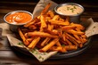 A delectable assortment of crispy French fries served alongside a variety of flavorful dips on a well-set table, Sweet potato fries with mayo and ketchup, AI Generated