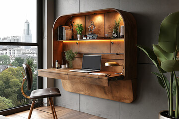 Poster - A wall-mounted desk with foldable design, saving space and promoting a versatile work area. Concept of space-saving and innovative home office solutions. Generative Ai.