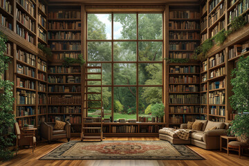 Canvas Print - A home office with a library ladder and floor-to-ceiling bookshelves, creating a scholarly and resourceful ambiance. Concept of intellectual and grand home workspaces. Generative Ai.