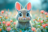 Fototapeta Natura - A cute fluffy Easter bunny is sitting on the meadow in the grass and flowers. Ai generative.
