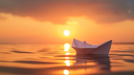 Wall Mural - A paper toy boat floating in the water against a sunset backdrop