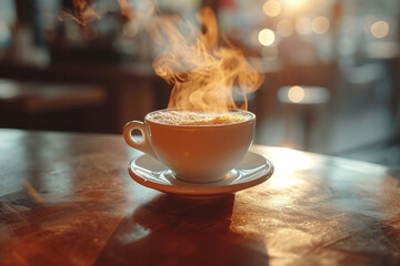 Poster - A cinemagraph of a steaming cup of coffee, with the steam moving while the rest of the image is still. Concept of subtle motion in everyday moments. Generative Ai.