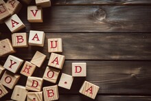 A photo capturing Scrabble tiles arranged to spell out the word Bau Bau Bau Bau in clear, distinct letters, Top view of labor day letters alphabet wooden cubes on a wooden background, AI Generated