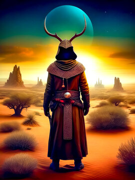 Painting of man in desert with horned head and horns.