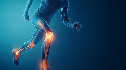 Visualizing Discomfort: 3D Illustration Showcasing a Running Man with Highlighted Knee Joint, Emphasizing the Challenge of Joint Diseases in Medical Contexts