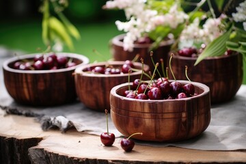 Poster - A photo of various wooden bowls filled to the brim with succulent cherries, Zero waste summer picnic with cherries in wooden coconut bowls, AI Generated