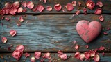 Fototapeta  - Płasko leżące serce i płatki różowych róz tworzące ramkę valentynkową na starych belkach drewnianych ze zdrapana jasno błękitną farbą