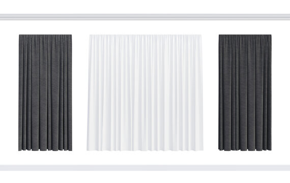 A set of isolated translucent curtains, solid middle gray blackout curtains, a white ceiling cornice, and a white floor plinth. Front view. 3d render	