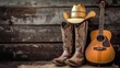 an acoustic guitar, cowboy hat, and boots arranged against a blank wooden plank grunge background, providing ample copy space for text or branding.