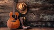 © lililia - an acoustic guitar, cowboy hat, and boots arranged against a blank wooden plank grunge background, providing ample copy space for text or branding.