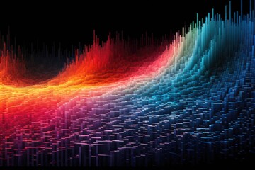 Poster - An image showing a vibrant and dynamic waveform of sound against a sleek black background, Polychromatic waves riding on binary code, AI Generated
